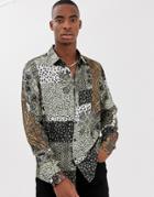 Asos Design Regular Fit Shirt In Mix & Match Print In Satin - Green