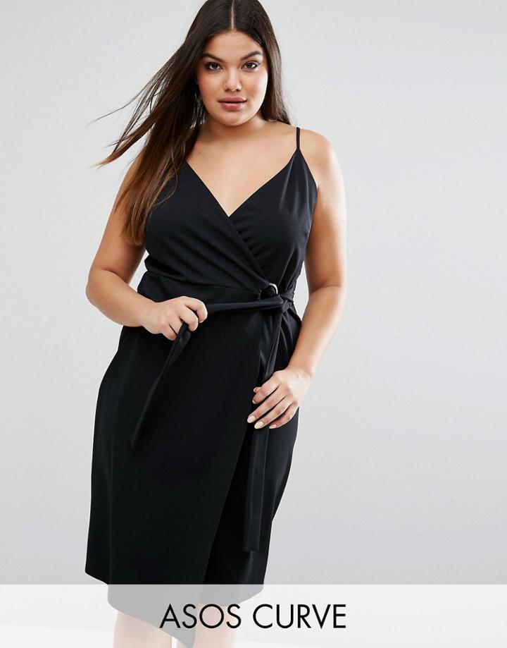 Asos Curve Midi Wrap Dress In Crepe With Ring Detail - Black