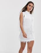 Asos Design Mini Drape Fringe Shift Dress - White