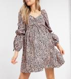 In The Style Maternity X Dani Dyer Puff Sleeve Shirred Detail Mini Skater Dress In Pink Leopard Print-multi