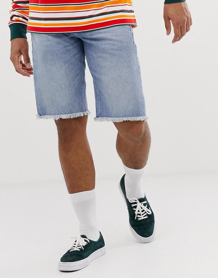 Asos Design Slim Denim Shorts In Longer Length Vintage Light Wash - Blue