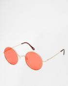 Asos Metal Round Sunglasses In Brushed Gold With Red Lens - Gold