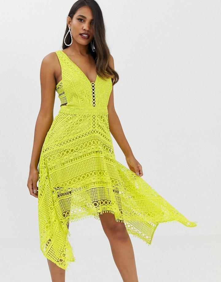 Asos Design Pinny Bodice Circle Lace Asymmetric Hem Midi Dress-yellow