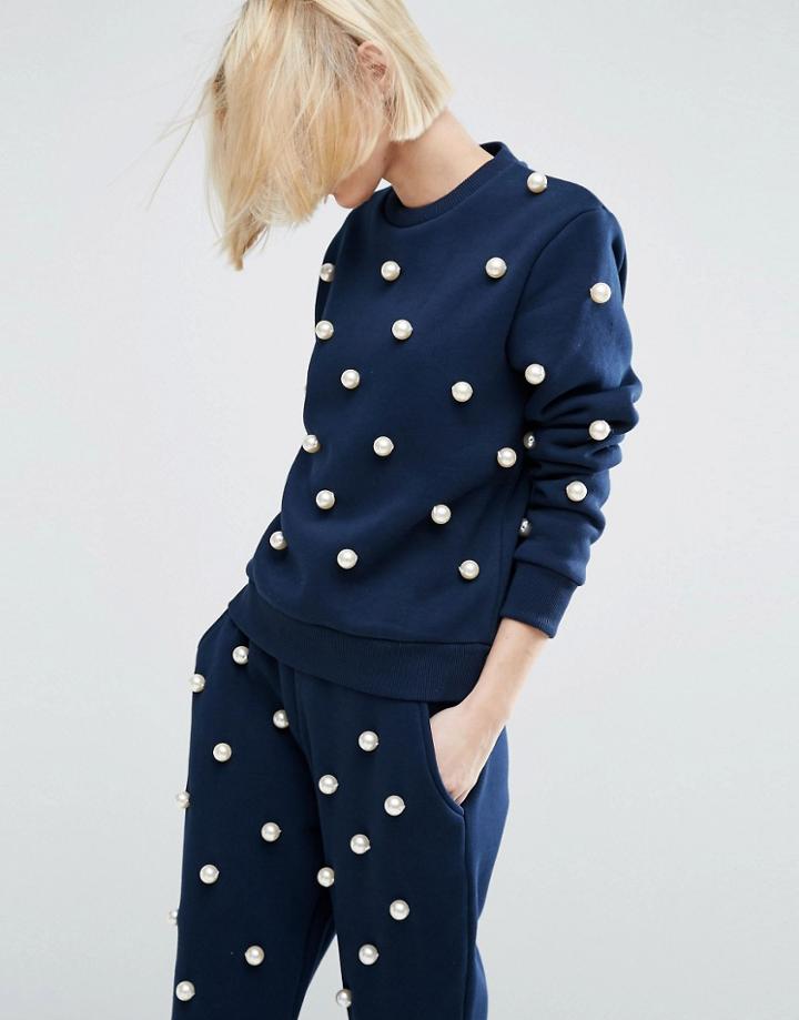 Asos White Pearl Embellished Sweater - Navy