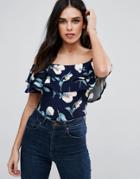 Ax Paris Bardot Frill Overlay Top In Floral Print - Multi