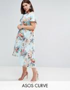 Asos Curve Deep Bardot Scuba Bright Floral Dip Back Midi Dress - Multi