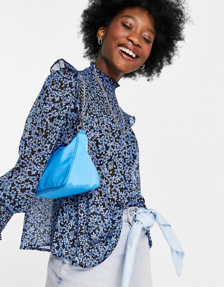 New Look Shirred High Neck Blouse In Blue Floral-blues
