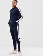 Asos Design Tracksuit Jersey Coach Jacket/skinny Joggers With Side Stripe In Navy - Navy