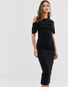 Asos Design Pleated Shoulder Pencil Dress-black