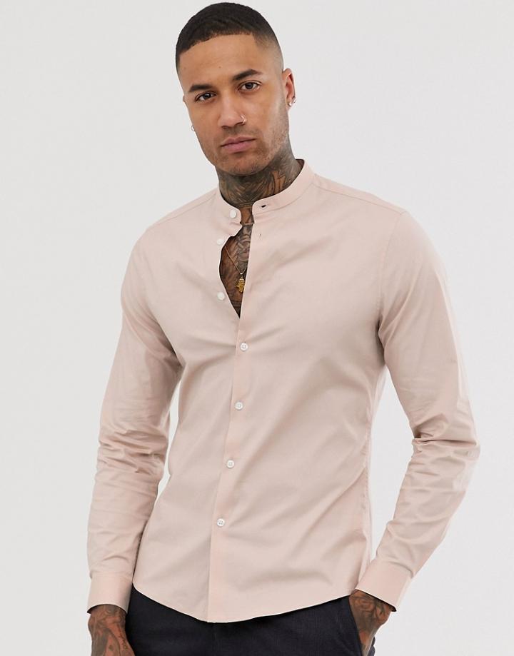 Asos Design Slim Fit Shirt With Grandad Collar In Neutral - Beige