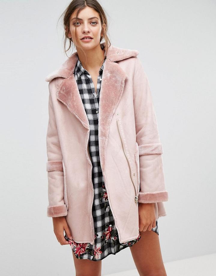 Stradivarius Faux Shearling Jacket - Pink