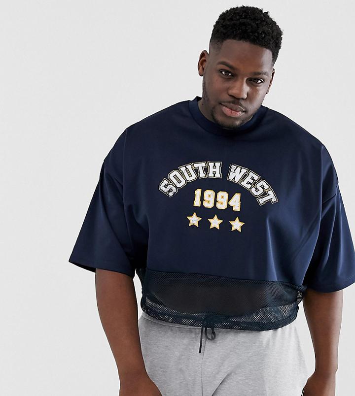 Asos Design Plus Oversized Crop T-shirt With City Print And Mesh Insert In Polytricot-navy