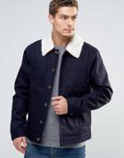 Esprit Denim Jacket With Fleece Collar And Check Lining - Navy