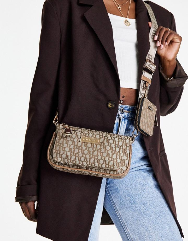 River Island Jacquard Monogram Double Pouchette Crossbody Bag In Brown