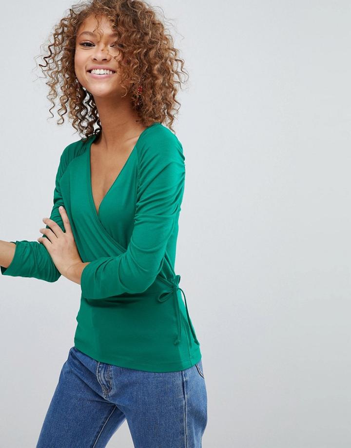 Asos Wrap Top With Tie Side And Ruched Sleeve Detail - Green