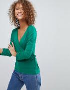 Asos Wrap Top With Tie Side And Ruched Sleeve Detail - Green