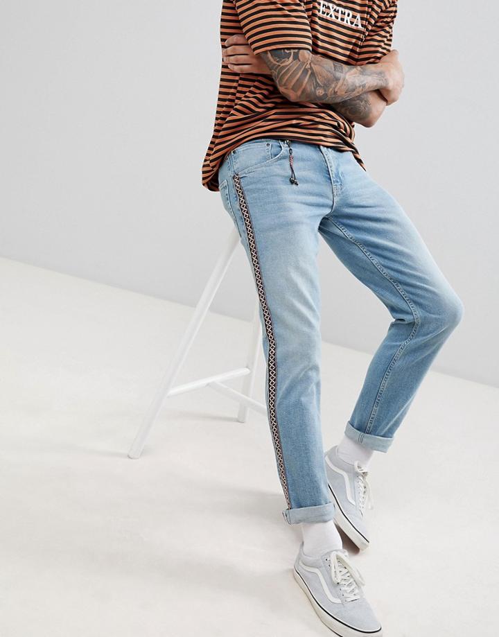 Asos Design Slim Jeans In Light Wash Blue With Geo-tribal Side Stripe - Blue