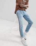 Asos Design Slim Jeans In Light Wash Blue With Geo-tribal Side Stripe - Blue