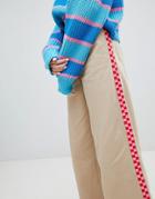 Lazy Oaf Wide Leg Pants With Checkerboard Stripe Detail - Brown