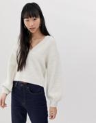 Asos Design Chunky V Neck Sweater With Balloon Sleeve - Cream