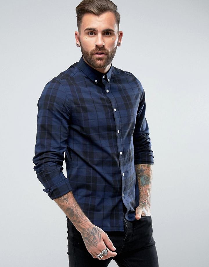 Asos Stretch Slim Poplin Check Shirt In Blue - Blue