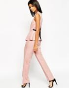 Asos Premium Linen Jumpsuit With Peplum Detail - Pink