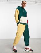 Asos Design Set Oversized Sweatpants In Dark Green Ribbed Velour Color Block-multi