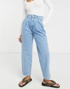 Asos Design Cotton Blend Denim Pleat Front Peg Pants In Lightwash - Mblue-blues