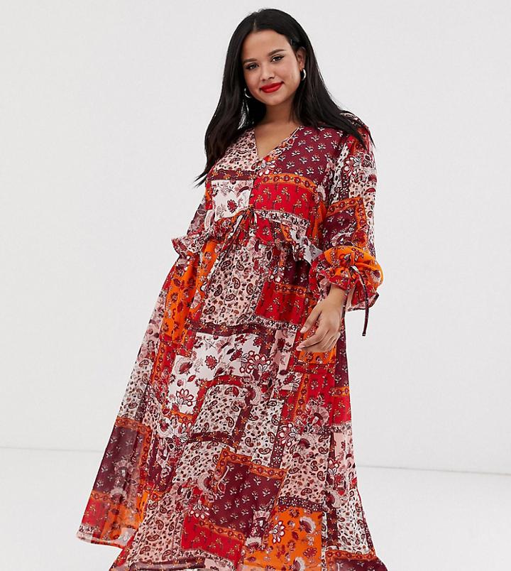Neon Rose Plus Maxi Smock Dress With Button Front In Patchwork Print - Multi