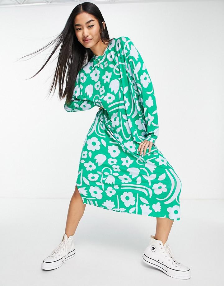 Monki Midi Dress In Green Floral Print - Mgreen