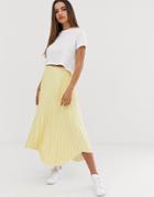 Asos Design Pleated Midi Skirt In Vinyl With Waved Hem-yellow