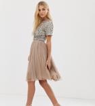 Lace & Beads Tulle Midi Skirt In Taupe-brown