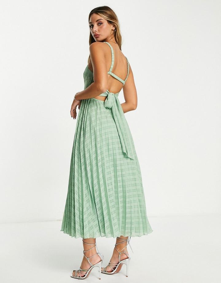 Asos Design Elasticated Tie Back Pleated Midi Dress In Sage Green