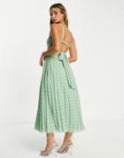 Asos Design Elasticated Tie Back Pleated Midi Dress In Sage Green