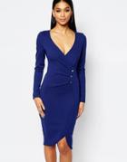 Lipsy Ruched Front Pencil Dress With Button Detail - Navy