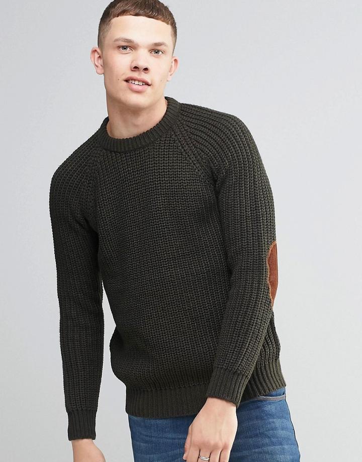 Brave Soul Fisherman Rib Sweater In Crew Neck - Green