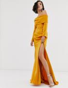 Yaura Bardot Maxi Dress With High Split And Fishtail In Gold - Gold