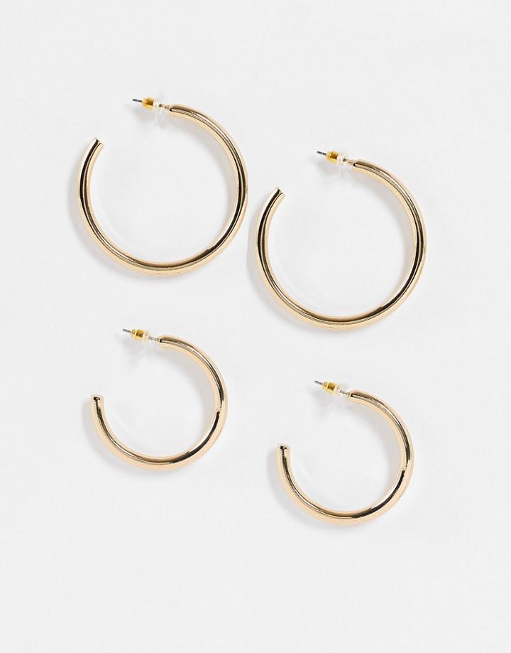 Asos Design Pack Of 2 Hoop Earrings In Slim Tube In Gold Tone