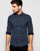 Asos Skinny Shirt With Cross Hatch Design In Long Sleeve - Navy