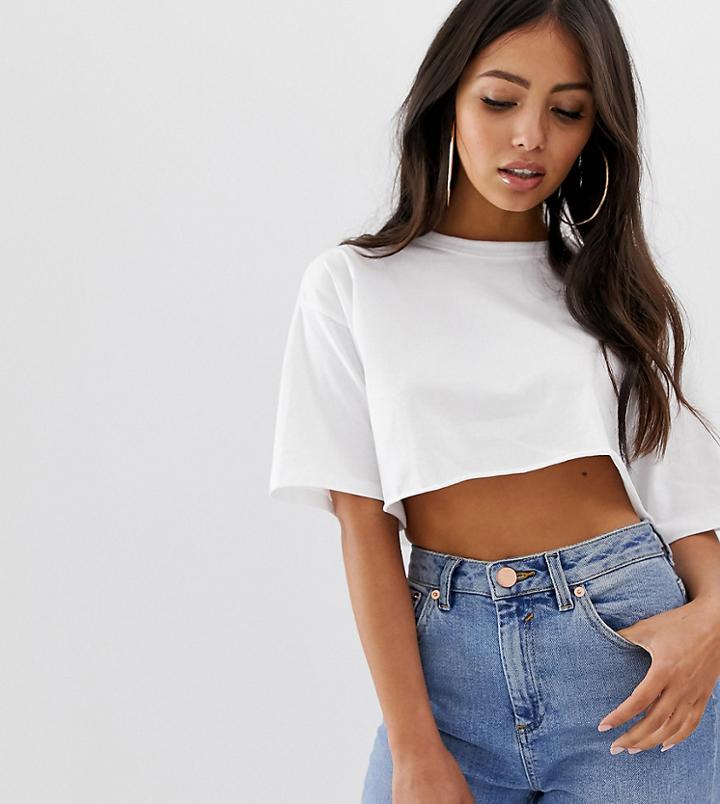 Asos Design Petite Super Crop T-shirt With Raw Edge In White - White