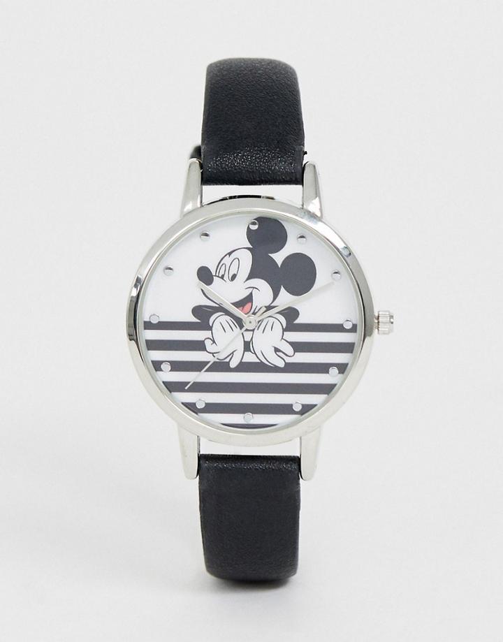 Disney Mickey Mouse Stripe Watch In Black/white - Black