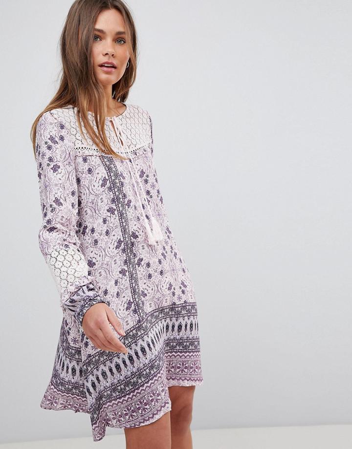En Creme Long Sleeve Dress With Front Tassels & Lace Trim Details - Purple