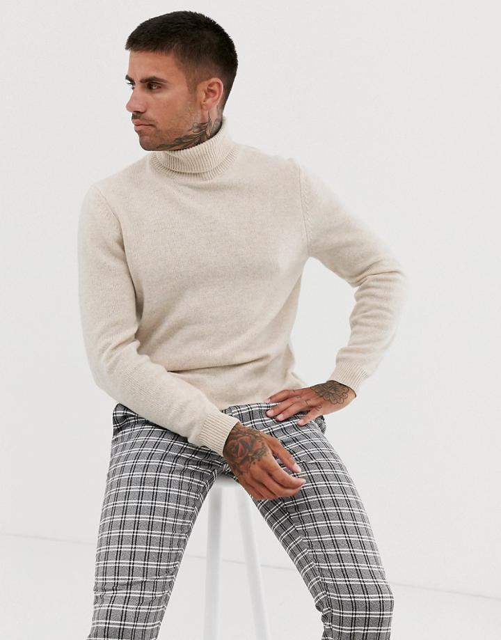 Asos Design Lambswool Roll Neck Sweater In Oatmeal