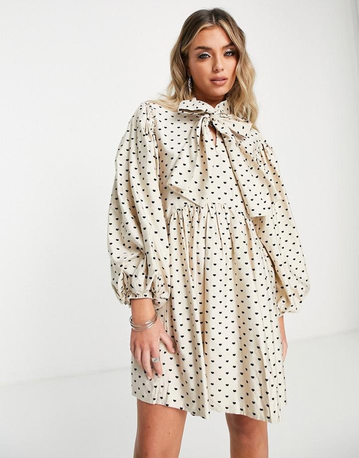 Sister Jane Puff Sleeve Mini Dress With Bow In Heart Print-neutral