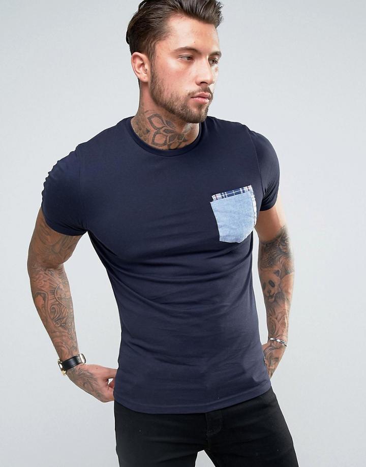 Brave Soul Chambray Check Pocket T-shirt - Navy