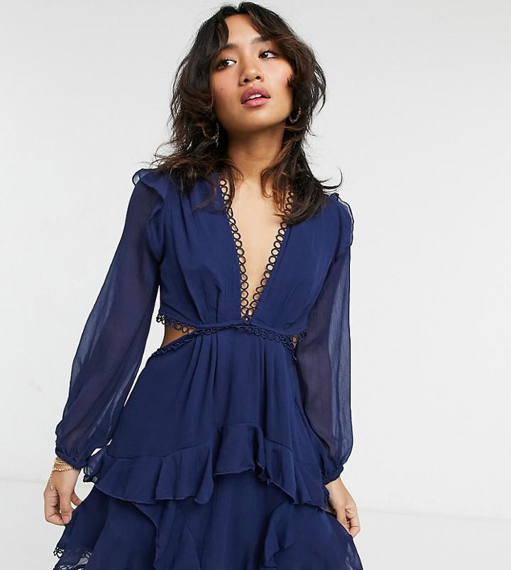 Asos Design Petite Mini Dress With Long Sleeve And Circle Trim-navy