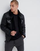 Asos Design Faux Shearling Jacket With Geo-tribal In Black - Black
