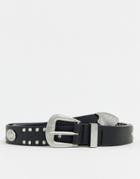 Asos Design Faux Leather Slim Belt In Black With Western Buckle And Studding - Black