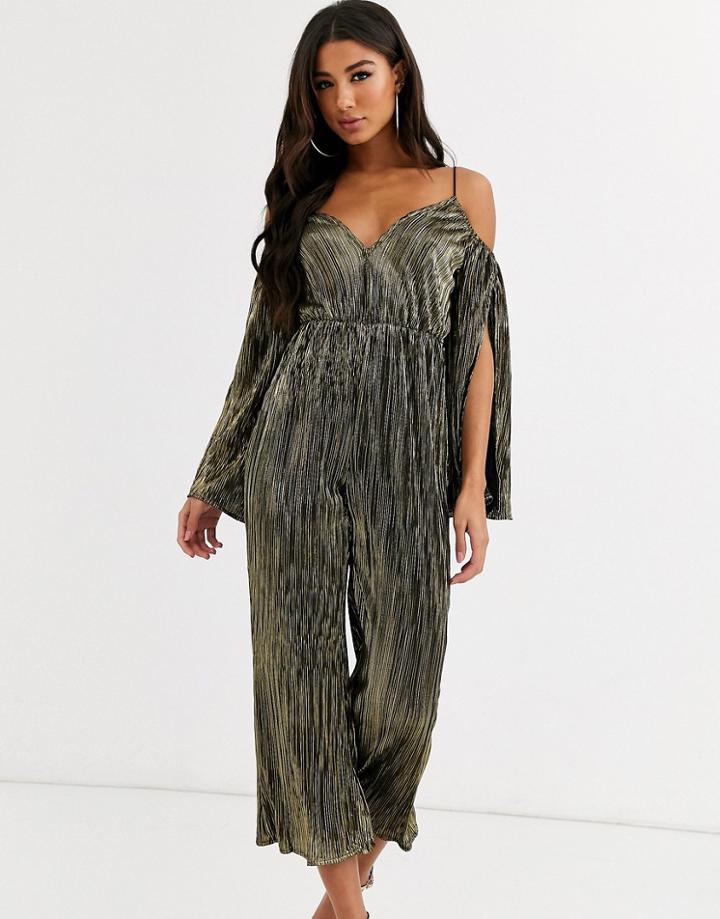 Rare London Off Shoulder Jumpsuit-brown