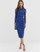 Asos Design Lace Long Sleeve Midi Pencil Dress-blue